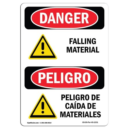 SIGNMISSION OSHA Danger Sign, Falling Material Bilingual, 24in X 18in Decal, 18" W, 24" H, Bilingual Spanish OS-DS-D-1824-VS-1231